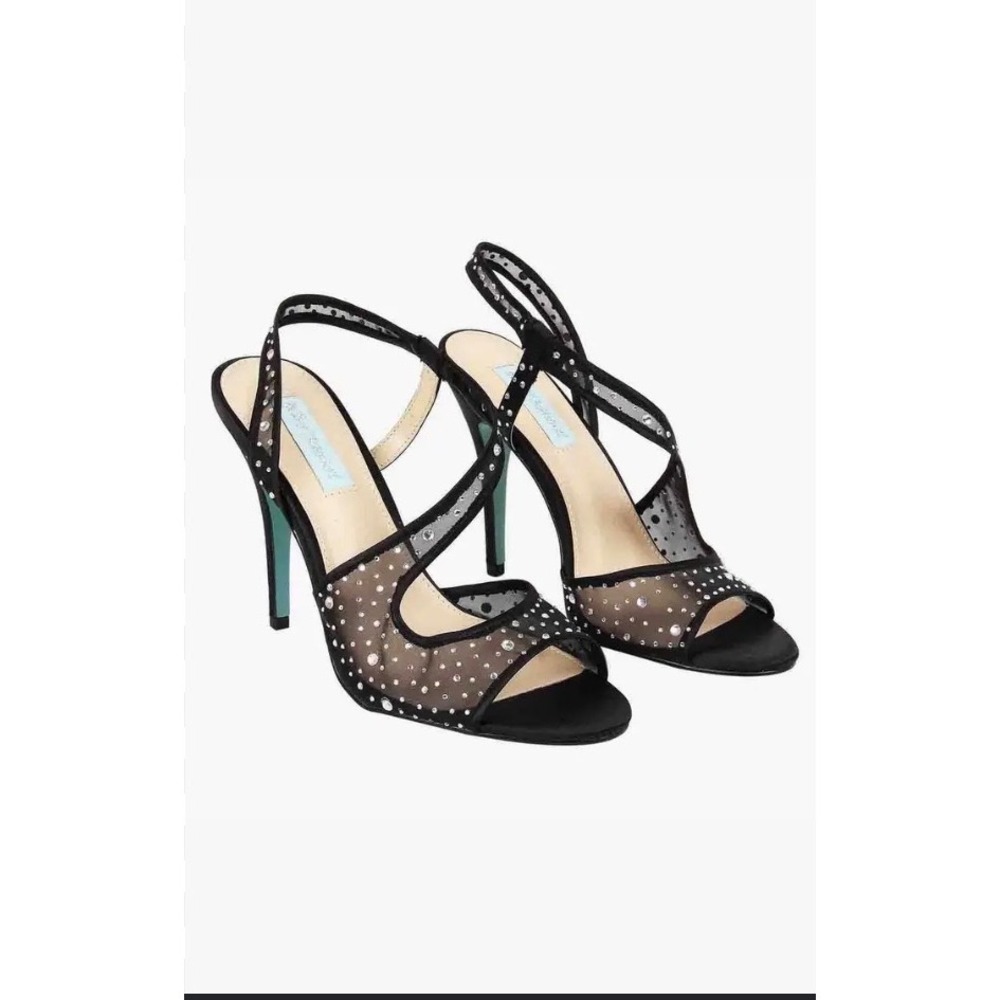 Betsey Johnson Heels Women's Size 8.5 Black Good Rhinestone Mesh Sandals